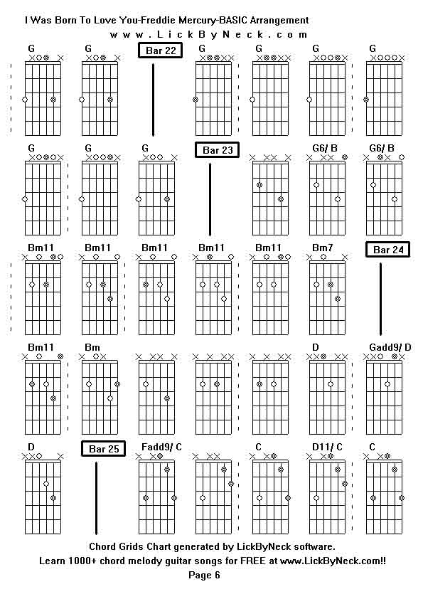 Chord Grids Chart of chord melody fingerstyle guitar song-I Was Born To Love You-Freddie Mercury-BASIC Arrangement,generated by LickByNeck software.